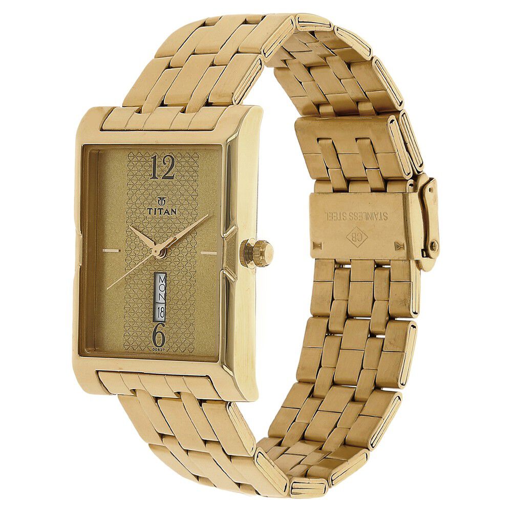Titan Quartz Analog with Day and Date Champagne Dial Stainless Steel Strap Watch for Men-NJ1641YM02
