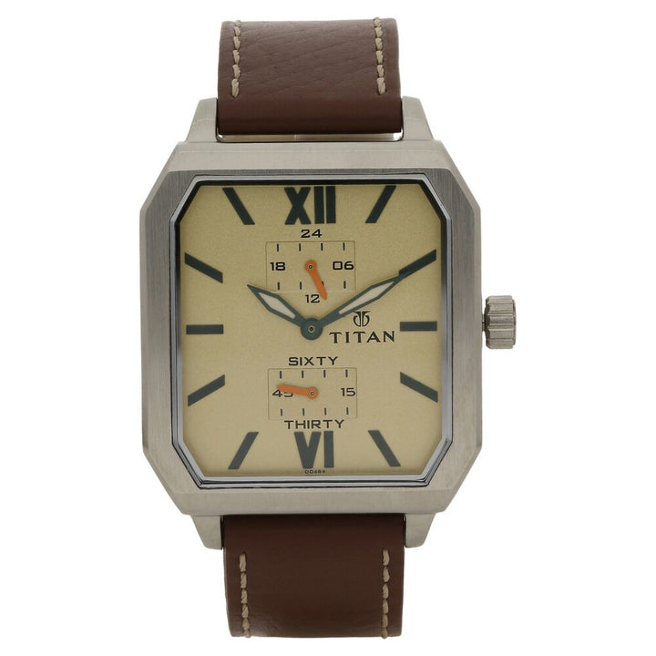 Titan Quartz Multifunction Beige Dial Leather Strap Watch for Men-1643SL02