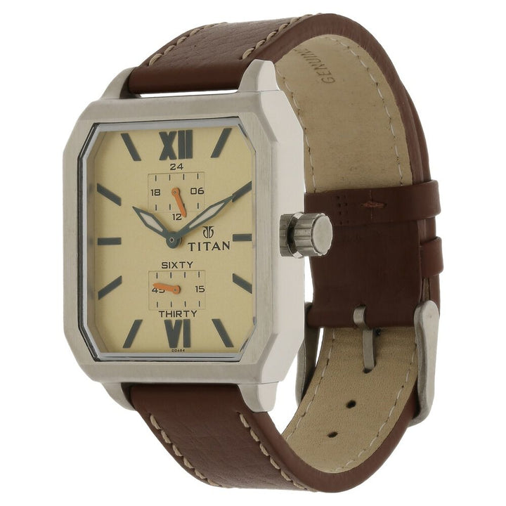 Titan Quartz Multifunction Beige Dial Leather Strap Watch for Men-1643SL02