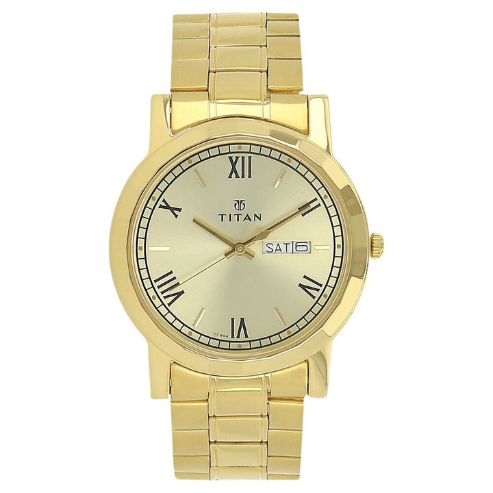 Titan Quartz Analog with Day and Date Champagne Dial Stainless Steel Strap Watch for Men - The Watch Factory ®