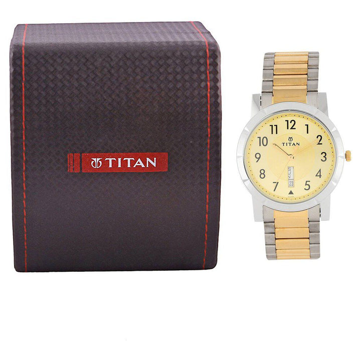 Titan Quartz Analog with Day and Date Champagne Dial Stainless Steel Strap Watch for Men-NF1647BM02