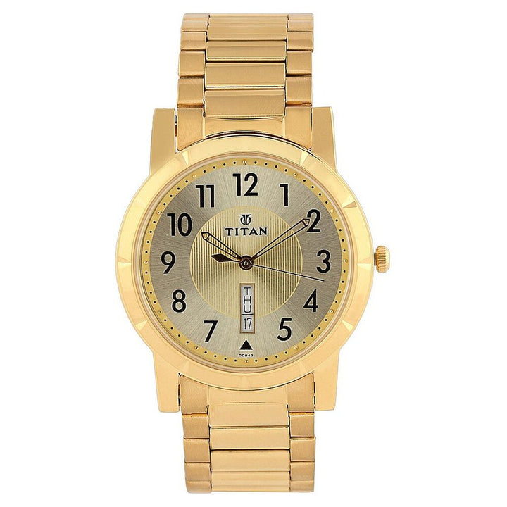 Titan Quartz Analog with Day and Date Champagne Dial Metal Strap Watch for Men-1647YM04