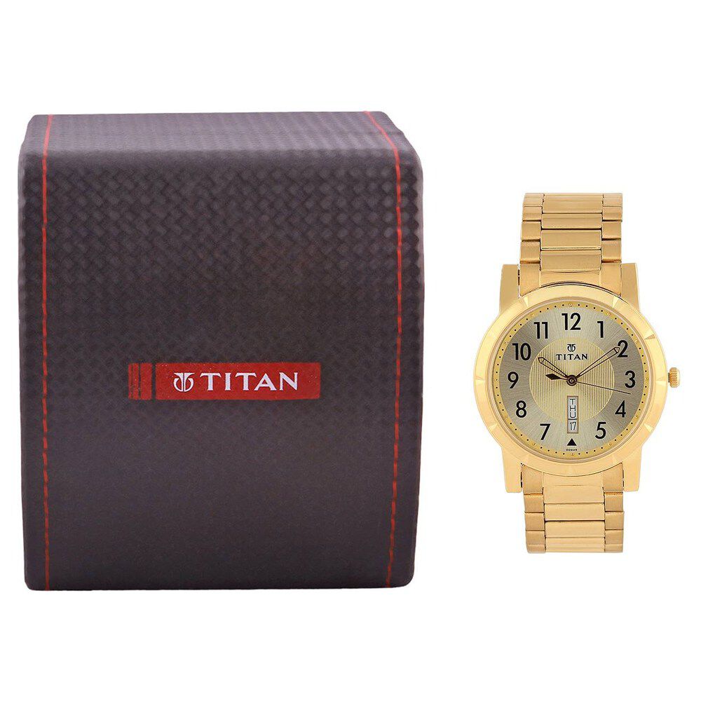 Titan Quartz Analog with Day and Date Champagne Dial Metal Strap Watch for Men-1647YM04