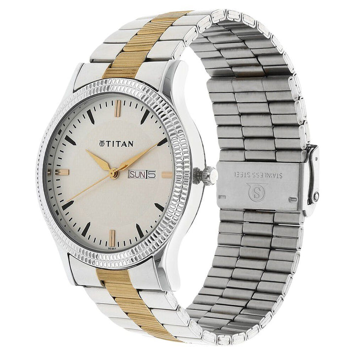 Titan Metal White Dial Analog with Day and Date Stainless Steel Strap Watch for Men-NT1650BM01