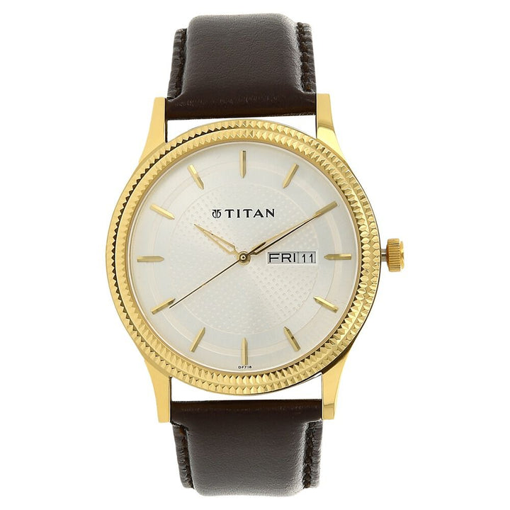Titan Quartz Analog with Day and Date Silver Dial Leather Strap Watch for Men-NP1650YL01