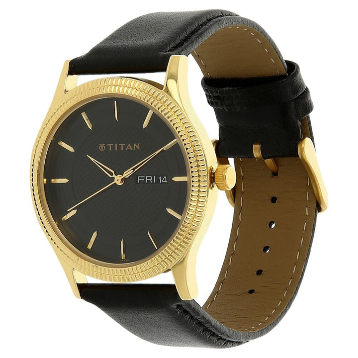 Titan Quartz Analog with Day and Date Black Dial Leather Strap Watch for Men-NJ1650YL02