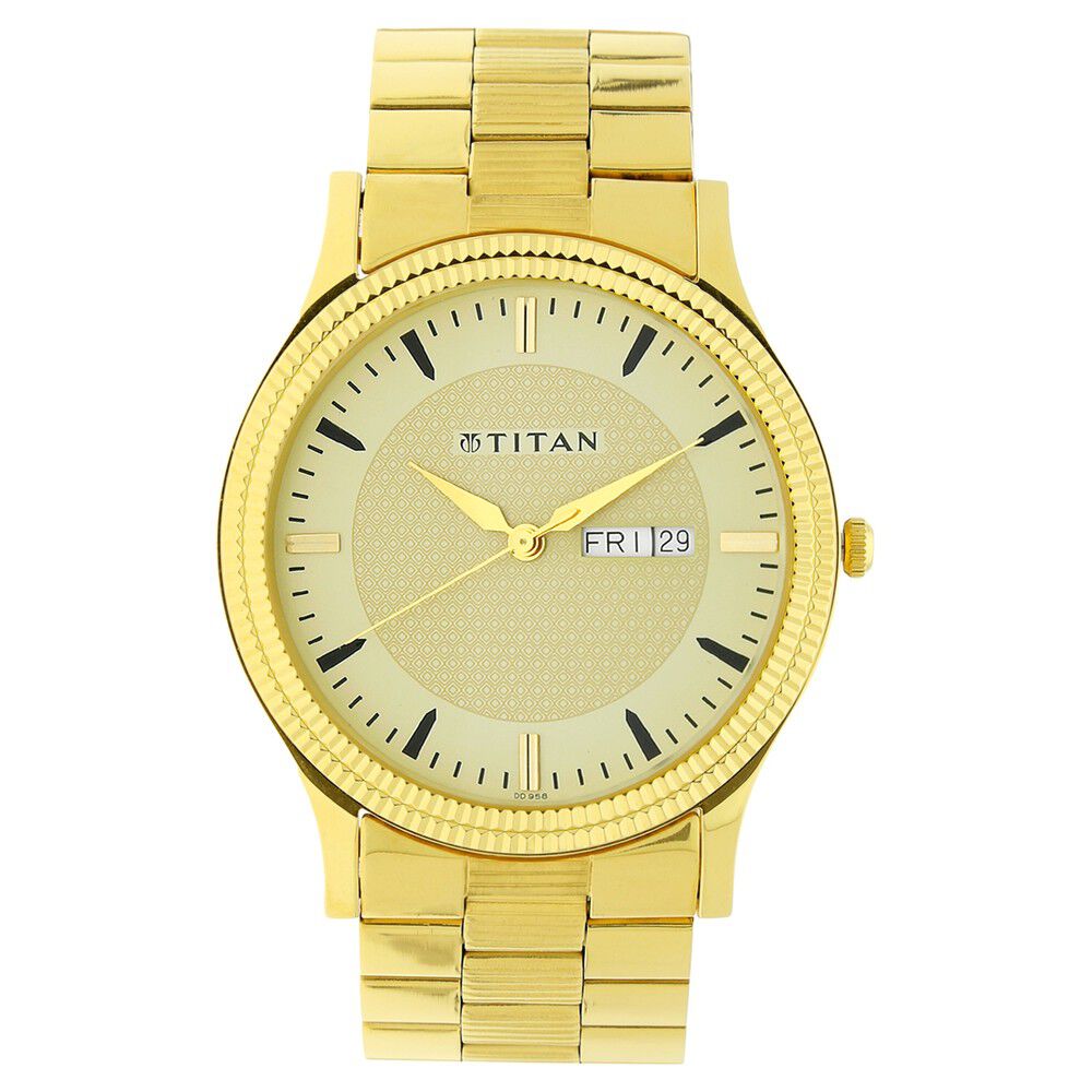 Titan Quartz Analog with Day and Date Golden Dial Stainless Steel Strap Watch for Men - The Watch Factory ®