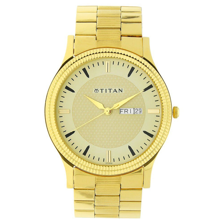 Titan Quartz Analog with Day and Date Golden Dial Stainless Steel Strap Watch for Men - The Watch Factory ®