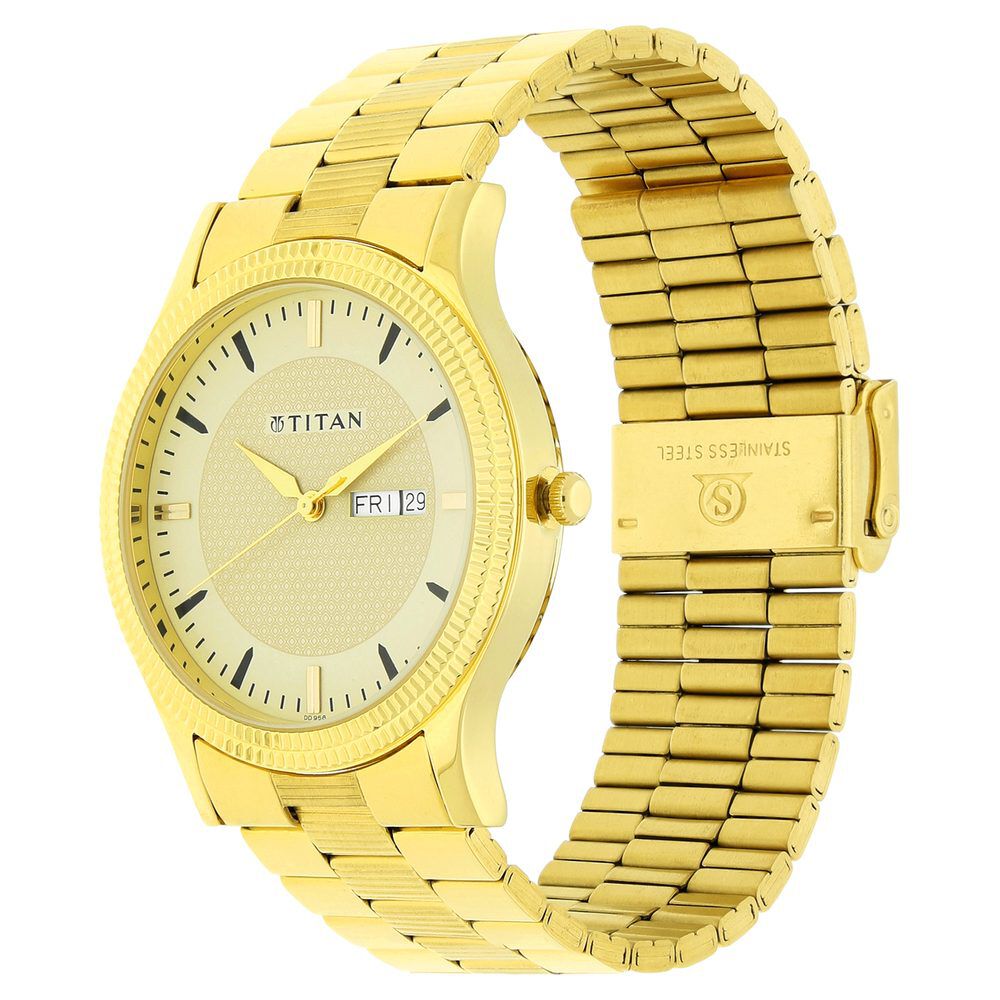Titan Quartz Analog with Day and Date Golden Dial Stainless Steel Strap Watch for Men - The Watch Factory ®