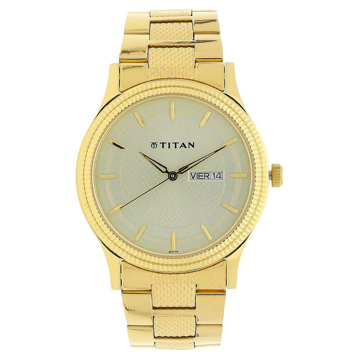 Titan Analog with Day and Date Quartz Champagne Dial Metal Round Stainless Steel Strap watch for Men - The Watch Factory ®