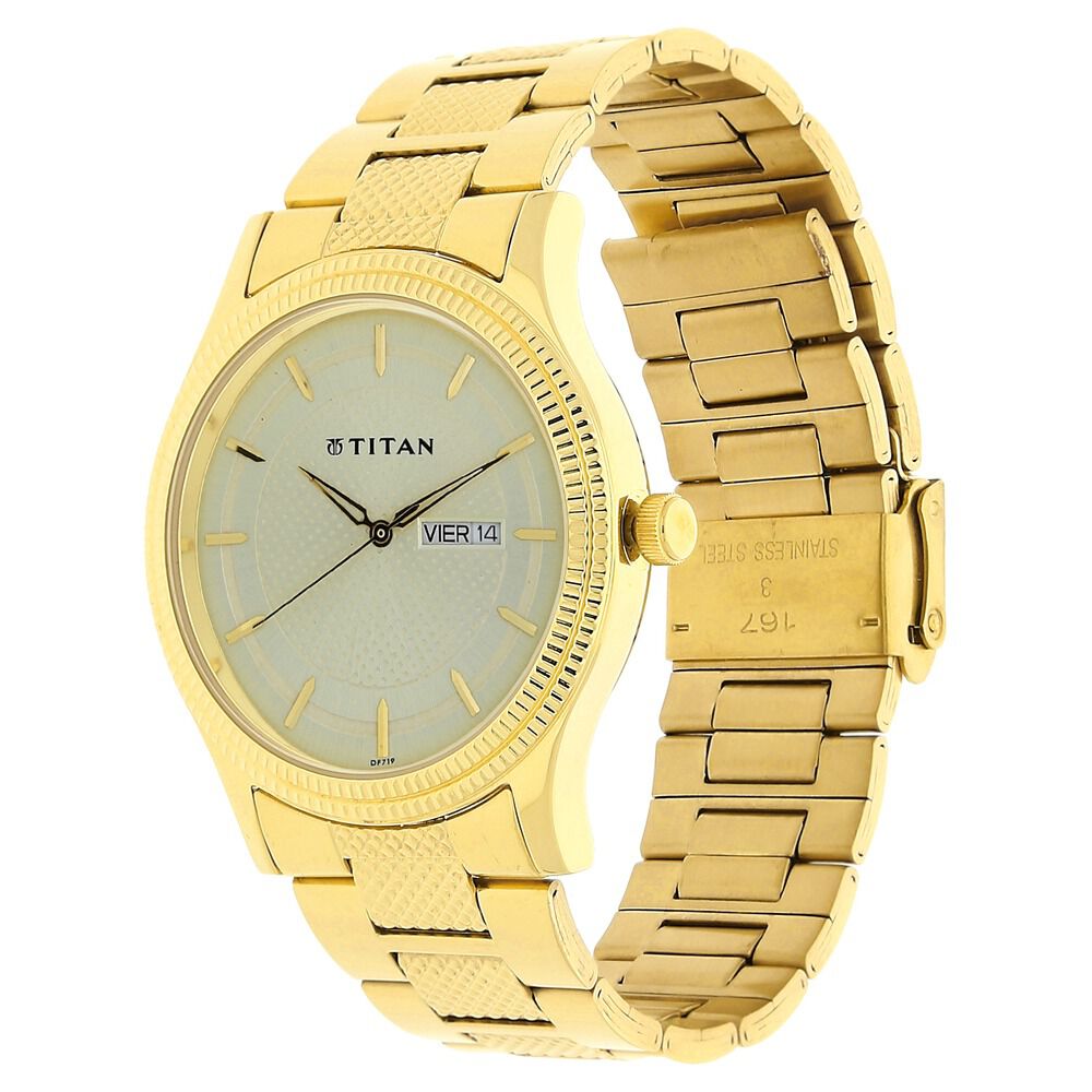 Titan Analog with Day and Date Quartz Champagne Dial Metal Round Stainless Steel Strap watch for Men NS1650YM06
