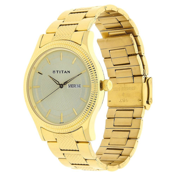 Titan Analog with Day and Date Quartz Champagne Dial Metal Round Stainless Steel Strap watch for Men - The Watch Factory ®