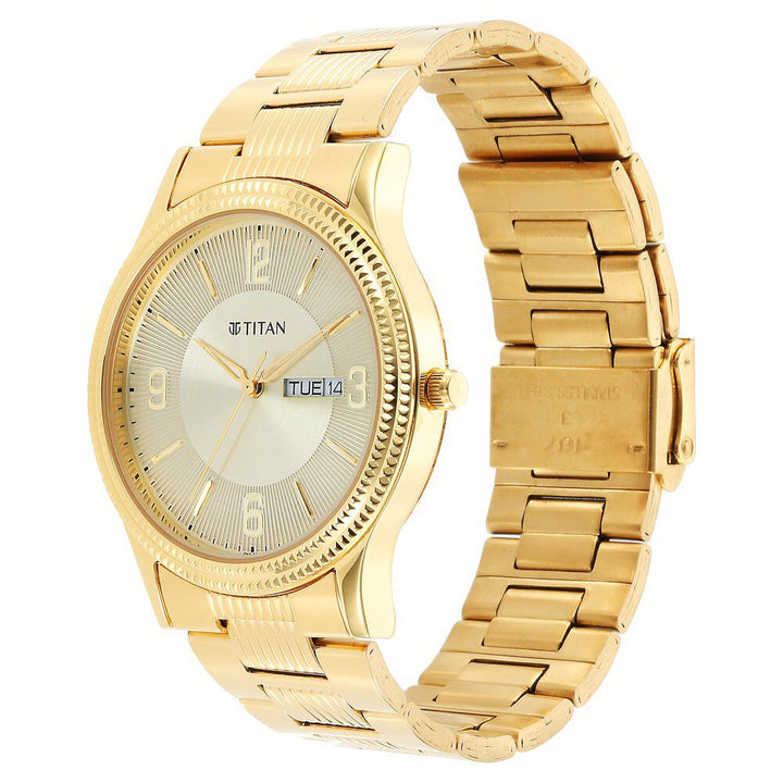 Titan Quartz Analog Champagne Dial Stainless Steel Strap Watch for Men NS1650YM09