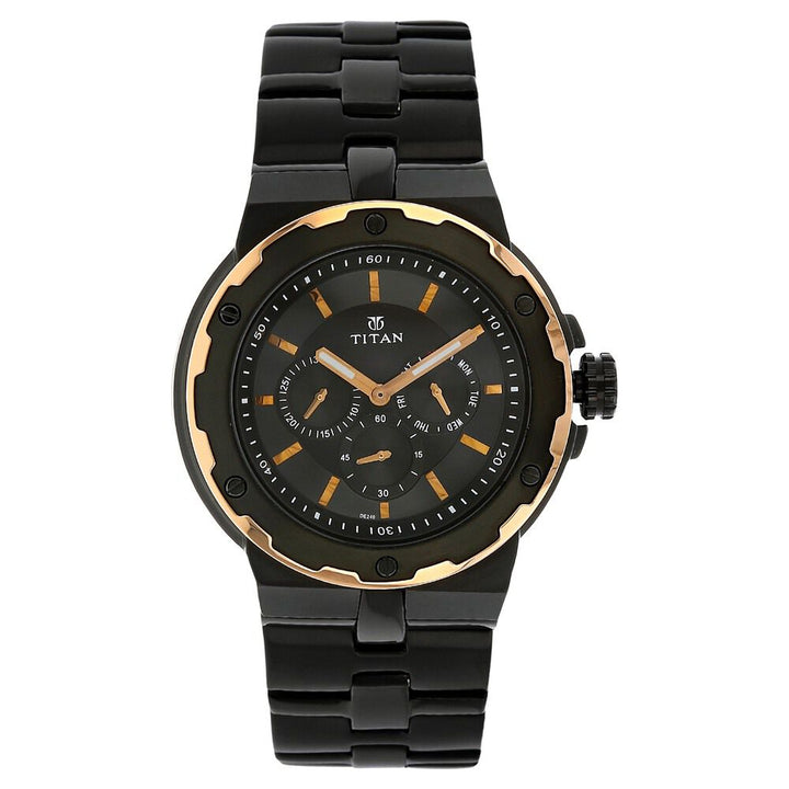 Titan Quartz Multifunction Black Dial Stainless Steel Strap Watch for Men-NJ1654KM04