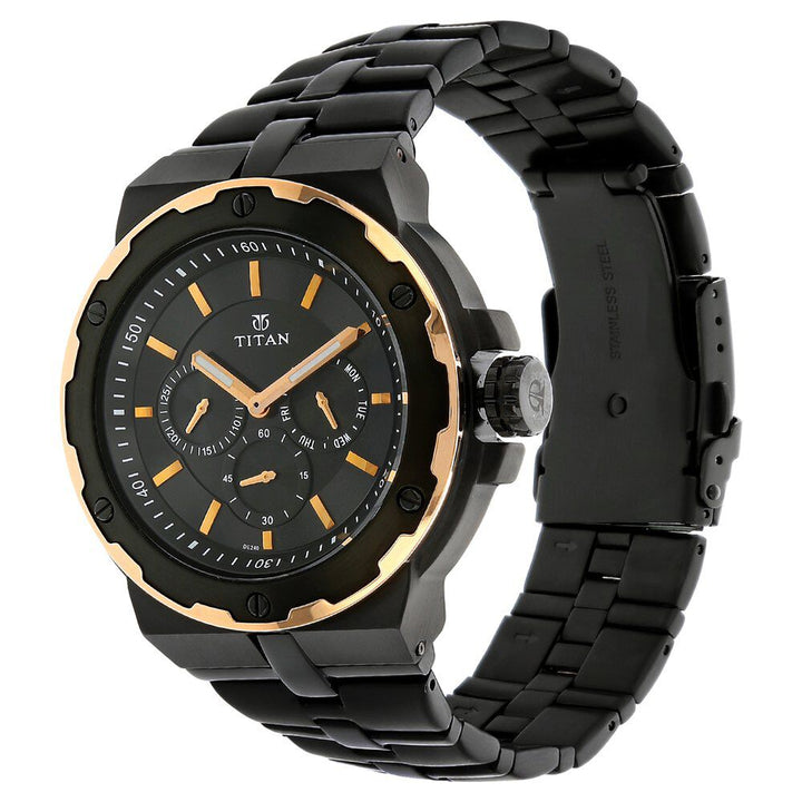 Titan Quartz Multifunction Black Dial Stainless Steel Strap Watch for Men-NJ1654KM04