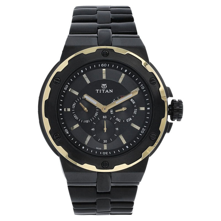 Titan Quartz Multifunction Black Dial Stainless Steel Strap Watch for Men-NH1654KM05