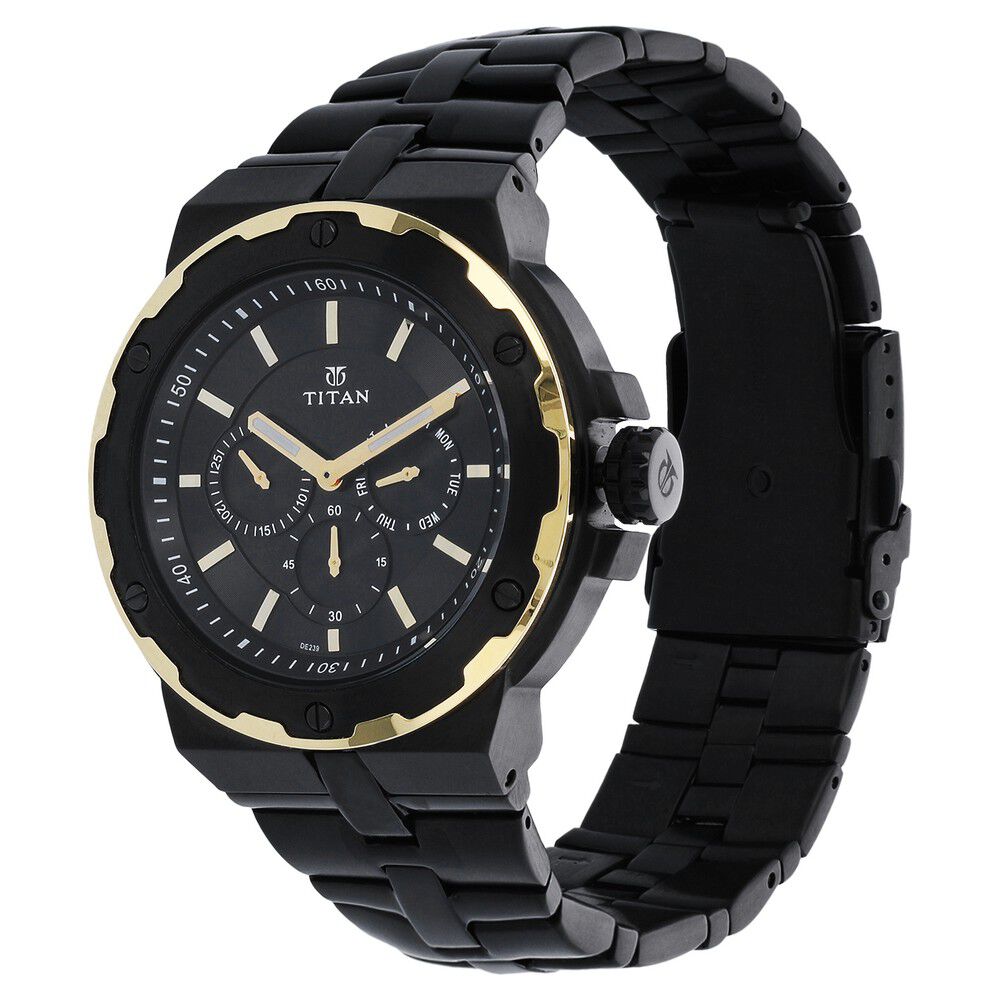 Titan Quartz Multifunction Black Dial Stainless Steel Strap Watch for Men-NH1654KM05