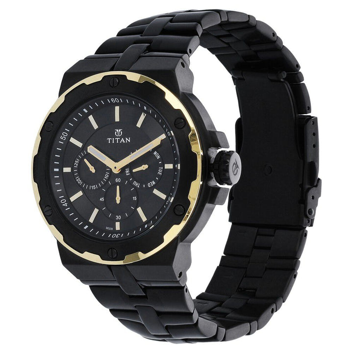 Titan Quartz Multifunction Black Dial Stainless Steel Strap Watch for Men-NH1654KM05