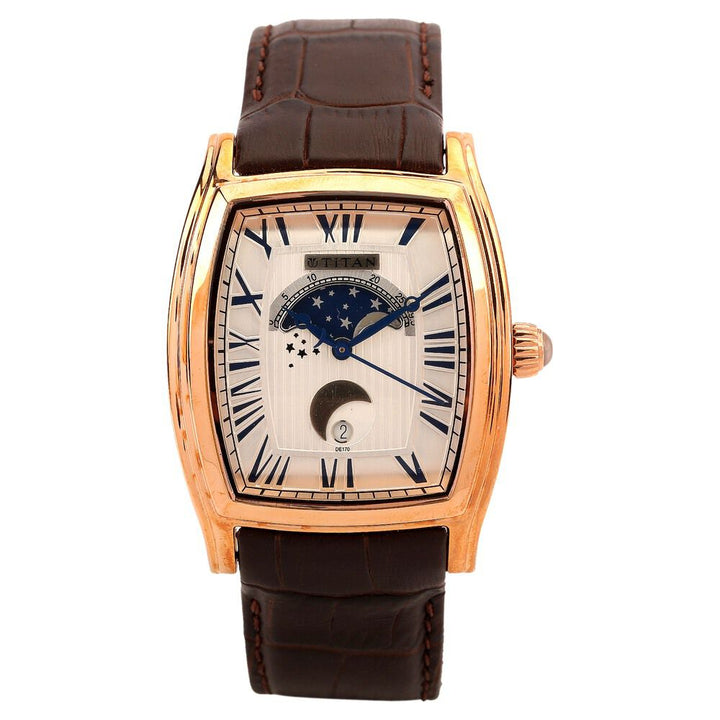 Titan Quartz Analog Moonphase White Dial Leather Strap Watch for Men-1661WL01