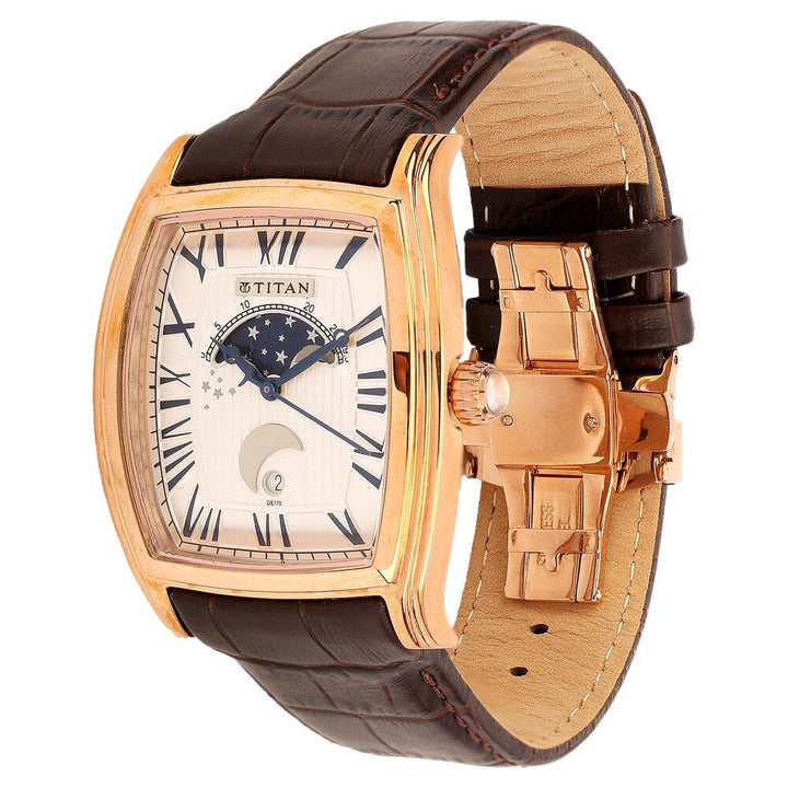 Titan Quartz Analog Moonphase White Dial Leather Strap Watch for Men-1661WL01