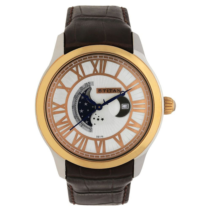 Titan Quartz Analog Moonphase White Dial Leather Strap Watch for Men-1663KL01