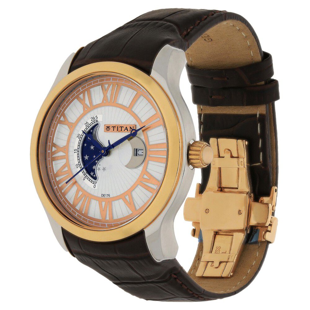 Titan Quartz Analog Moonphase White Dial Leather Strap Watch for Men-1663KL01
