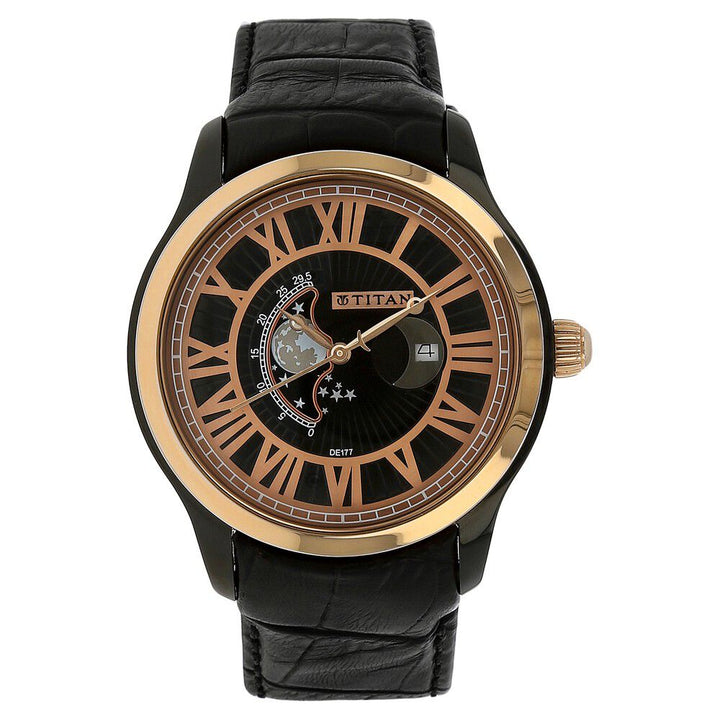 Titan Moonphase Black Dial Leather Strap watch for Men-1663KL02