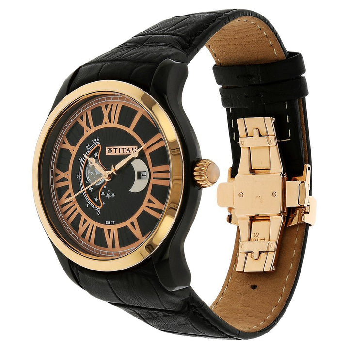 Titan Moonphase Black Dial Leather Strap watch for Men-1663KL02