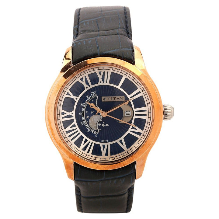 Titan Quartz Analog Moonphase Blue Dial Leather Strap Watch for Men-1663WL01