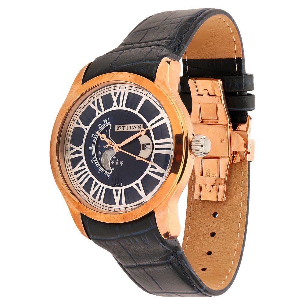Titan Quartz Analog Moonphase Blue Dial Leather Strap Watch for Men-1663WL01