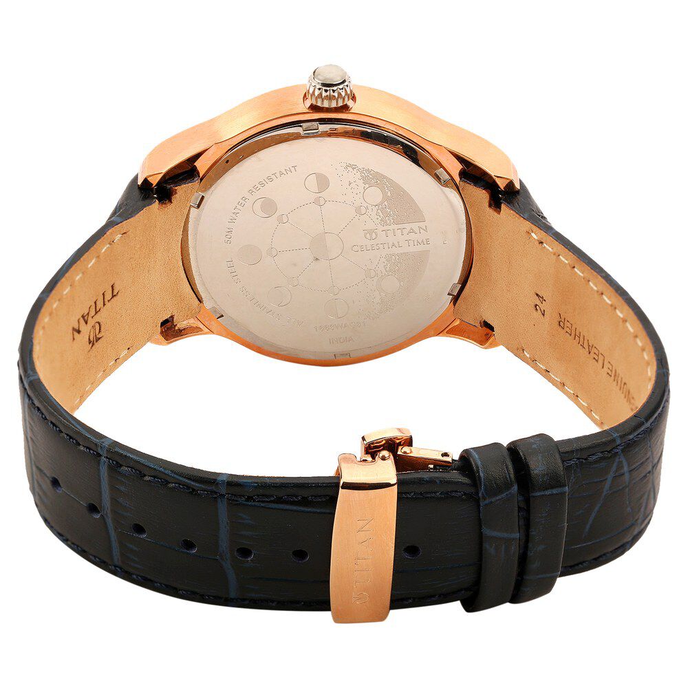 Titan Quartz Analog Moonphase Blue Dial Leather Strap Watch for Men-1663WL01