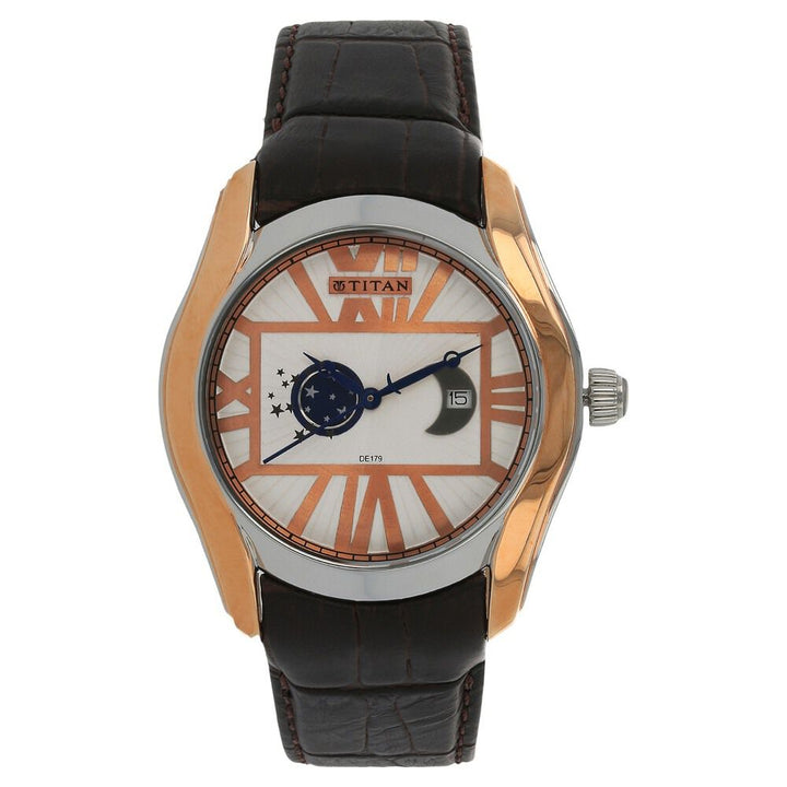 Titan Quartz Analog Moonphase White Dial Leather Strap Watch for Men-1665KL01