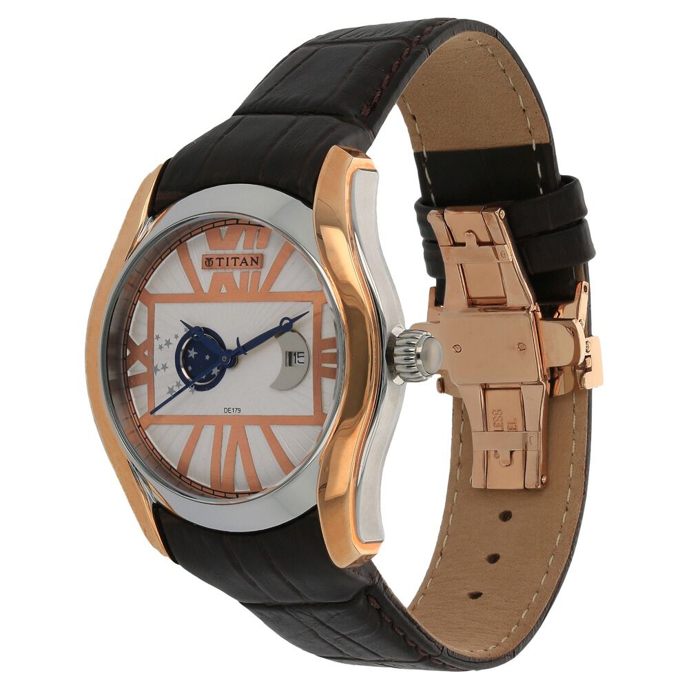 Titan Quartz Analog Moonphase White Dial Leather Strap Watch for Men-1665KL01