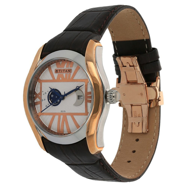 Titan Quartz Analog Moonphase White Dial Leather Strap Watch for Men-1665KL01
