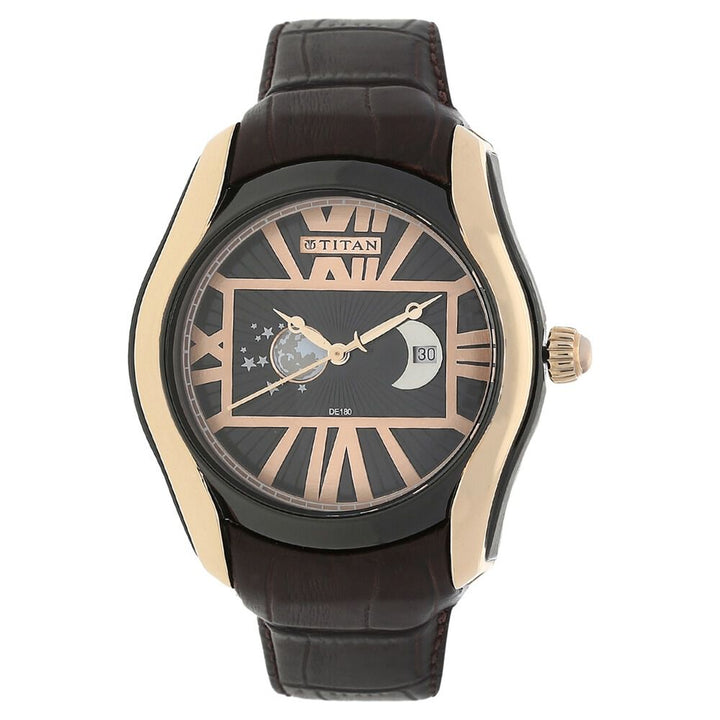 Titan Quartz Analog Moonphase Black Dial Leather Strap Watch for Men-1665KL02