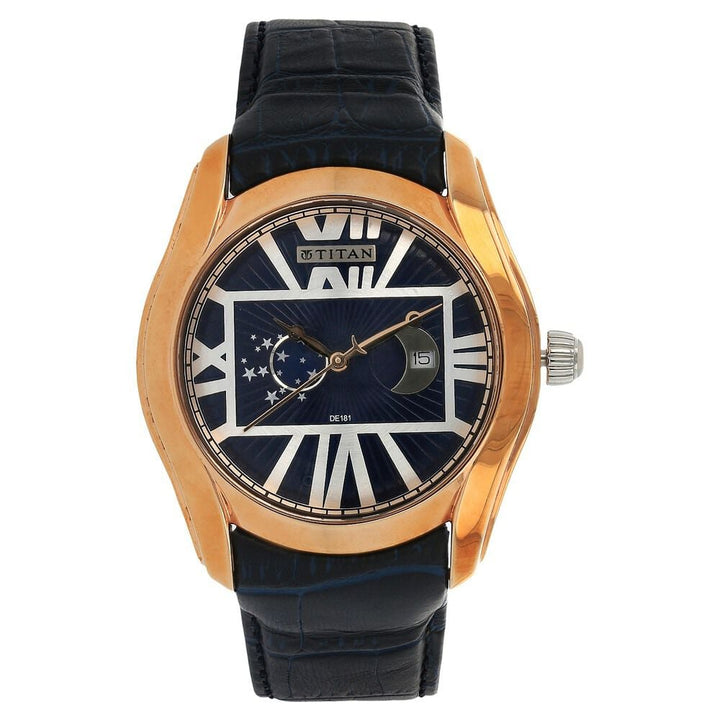 Titan Quartz Analog Moonphase Blue Dial Leather Strap Watch for Men-1665WL01