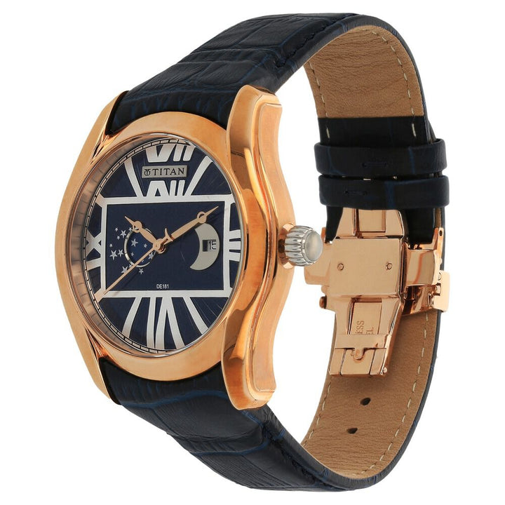 Titan Quartz Analog Moonphase Blue Dial Leather Strap Watch for Men-1665WL01