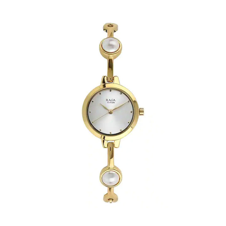 TITAN Raga White Dial Golden Metal Strap Watch NP2576YM01
