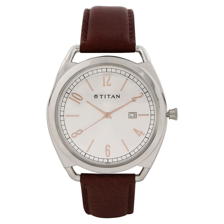 Titan Analog Silver Dial with Date Stainless Steel Brown Leather Strap watch for Men-1675SL01