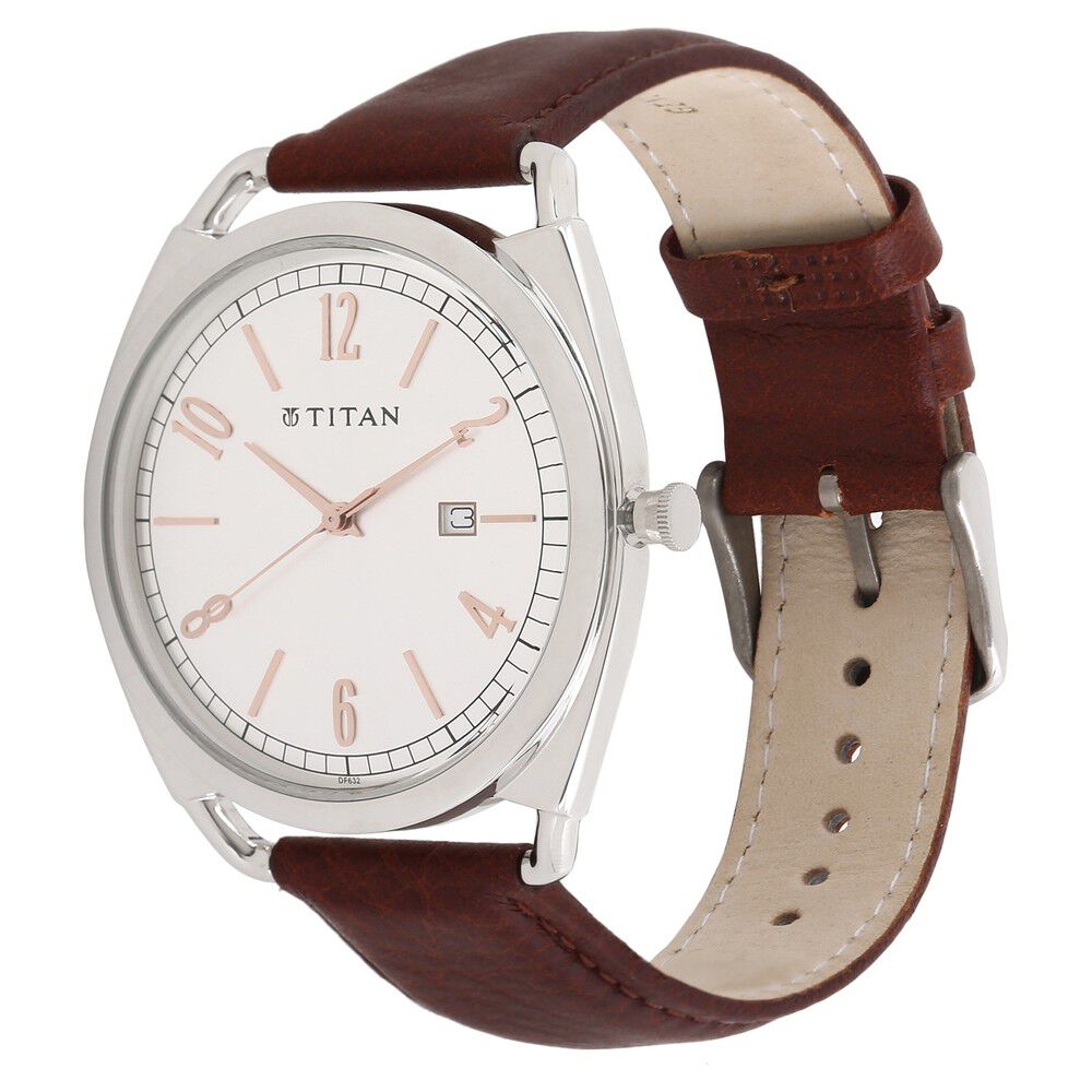 Titan Analog Silver Dial with Date Stainless Steel Brown Leather Strap watch for Men-1675SL01