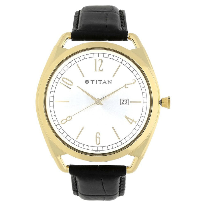 Titan Quartz Analog with Date Silver Dial Leather Strap Watch for Men-1675YL01