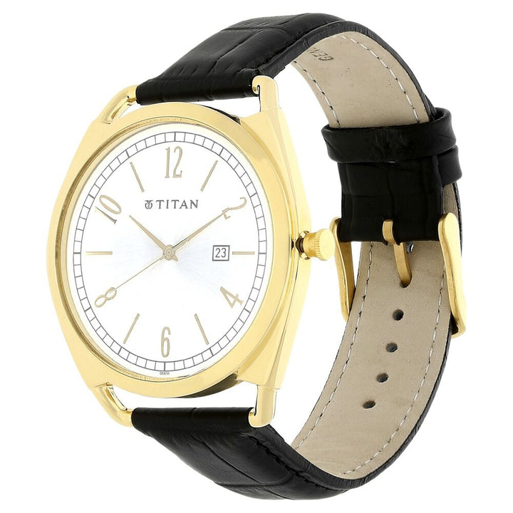 Titan Quartz Analog with Date Silver Dial Leather Strap Watch for Men-1675YL01