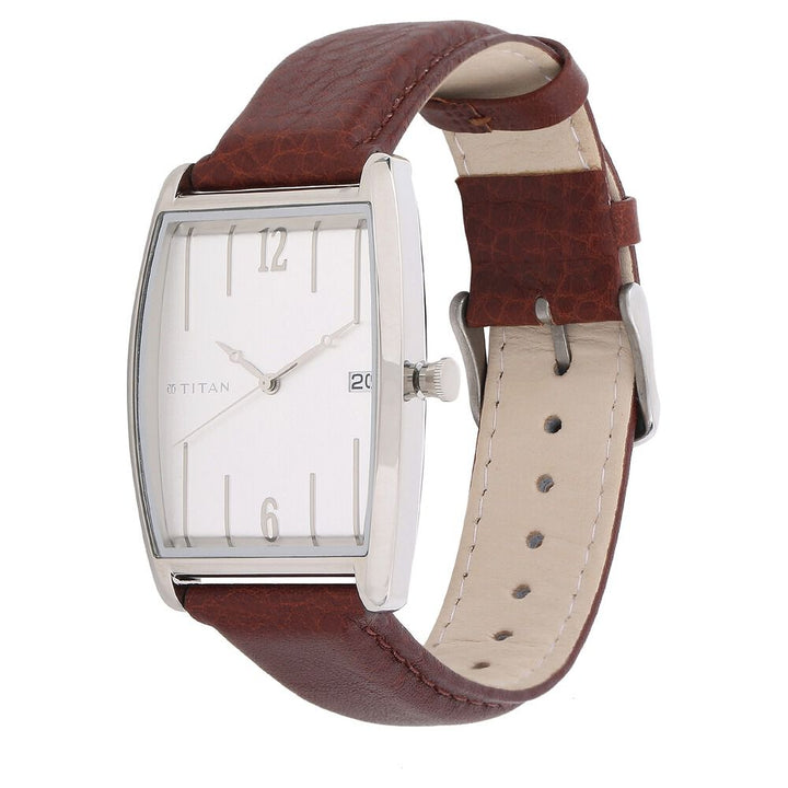 Titan Quartz Analog with Date Silver Dial Leather Strap Watch for Men-1677SL01