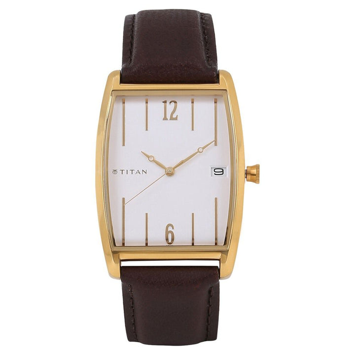 Titan Quartz Analog with Date White Dial Leather Strap Watch for Men-1677YL01