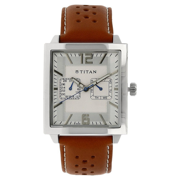 Titan Quartz Multifunction Silver Dial Leather Strap Watch for Men-1678SL01