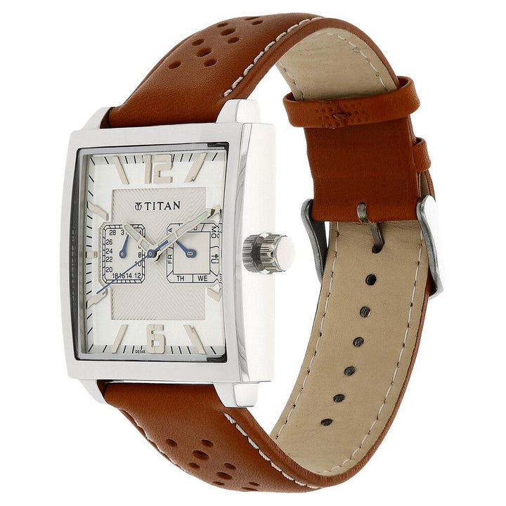 Titan Quartz Multifunction Silver Dial Leather Strap Watch for Men-1678SL01