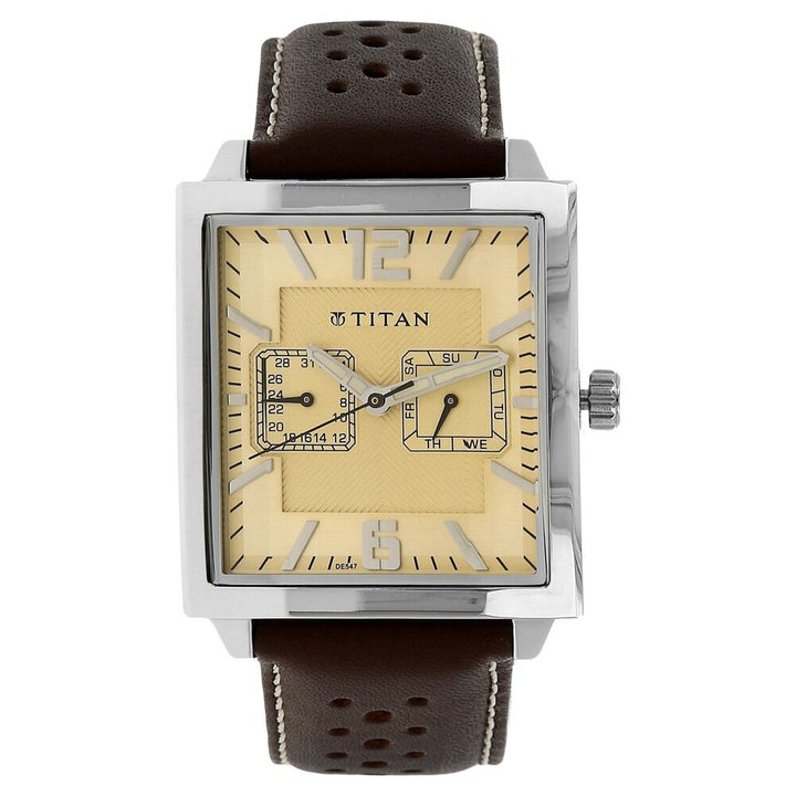 Titan Quartz Multifunction Beige Dial Leather Strap Watch for Men-1678SL02