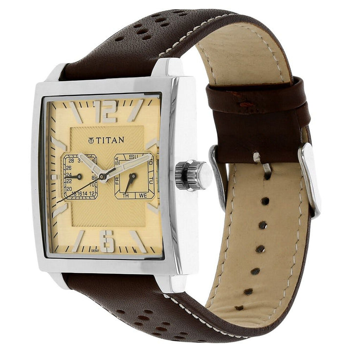 Titan Quartz Multifunction Beige Dial Leather Strap Watch for Men-1678SL02