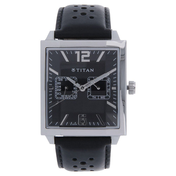Titan Quartz Multifunction Black Dial Leather Strap Watch for Men-1678SL03