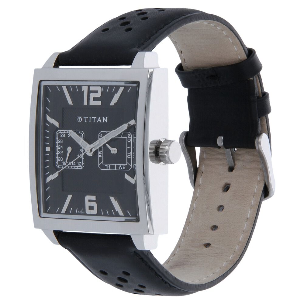 Titan Quartz Multifunction Black Dial Leather Strap Watch for Men-1678SL03
